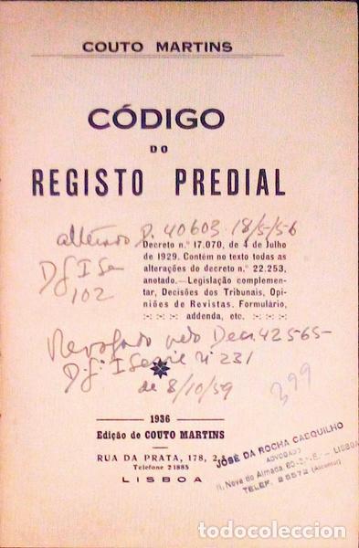 Libros antiguos: COUTO MARTINS. - C&Oacute;DIGO DO REGISTO PREDIAL. - Foto 1
