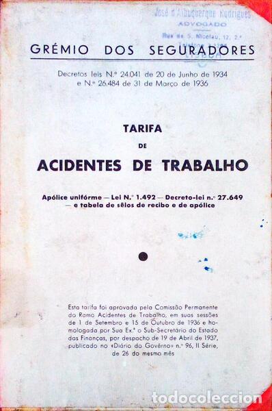 Libros antiguos: TARIFA DE ACIDENTES DE TRABALHO. - Foto 1