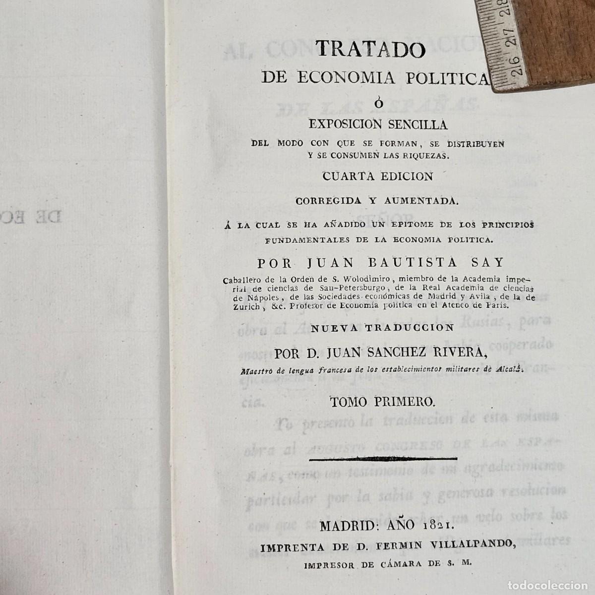 Libri antichi: 1820-TRATADO DE ECONOMIA POLITICA-JUAN BAUTISTA SAY -2 TOMOS-PASTA ESPA&Ntilde;OLA- IMPRENTA F. VILLALPANDO