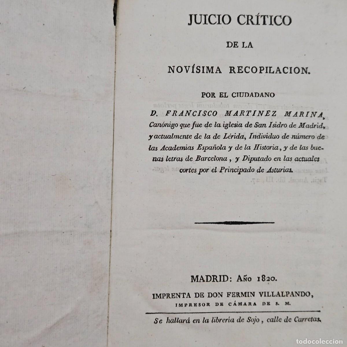 Libros antiguos: 1820-JUICIO CRITICO-F. MARTINEZ MARINA-CANONIGO-DIPUTADO-ACADEMICO BARCELONA-MADRID IMP. VILLALPANDO
