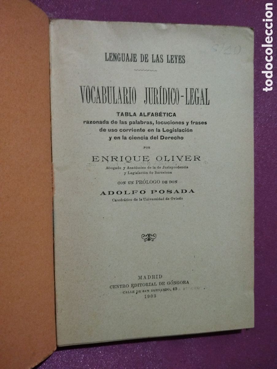 Libros antiguos: VOCABULARIO JURIDICO LEGAL TABLA ALFABETICA ENRIQUE OLIVER 1903 L15 5