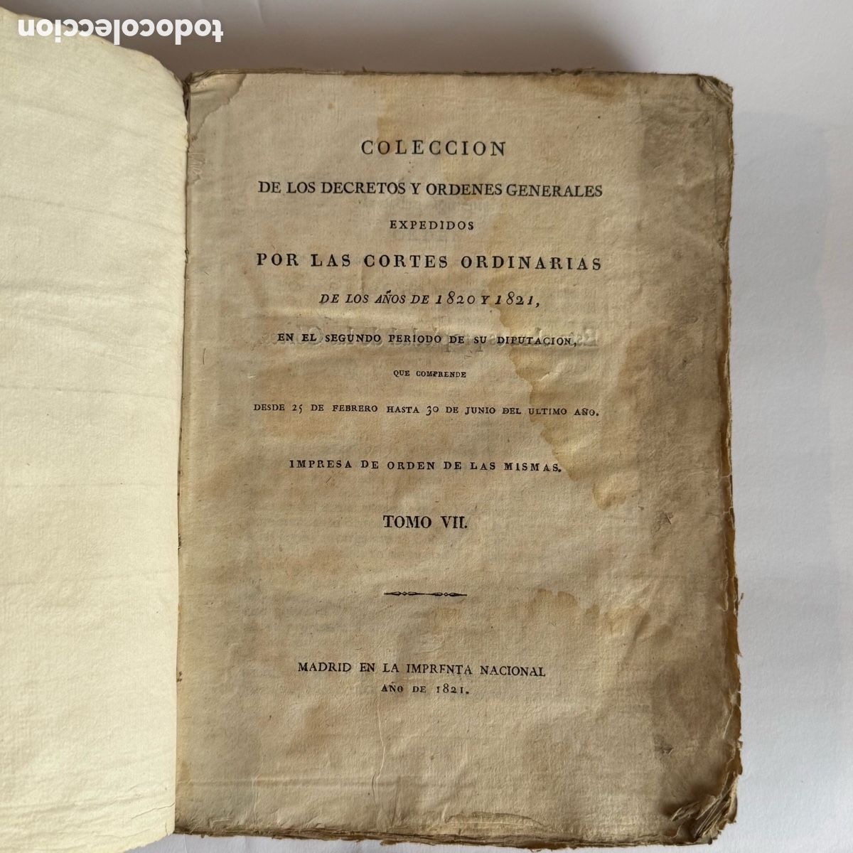 Libros antiguos: COLECCI&Oacute;N DE DECRETOS Y &Oacute;RDENES GENERALES DE LAS CORTES ORDINARIAS Y EXTRAORDINARIAS (1821-1822) VII
