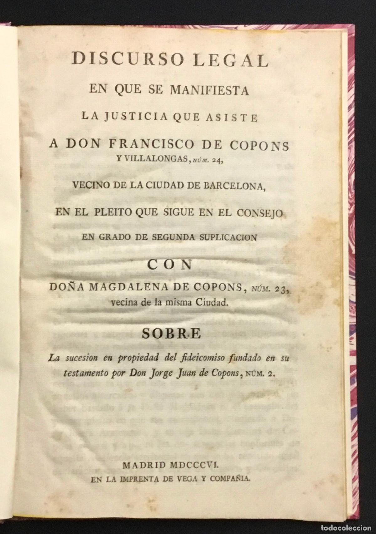 Libros antiguos: DISCURSO LEGAL EN QUE SE MANIFIESTA LA JUSTICIA QUE ASISTE A DON FRANCISCO DE COPONS Y VILLALONGAS..