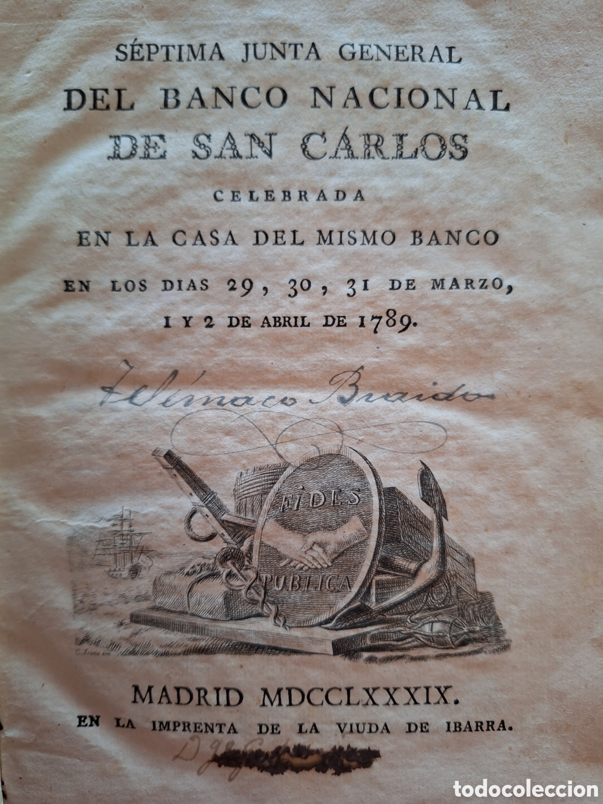 Libros antiguos: SEPTIMA JUNTA GENERAL DEL BANCO NACIONAL DE SAN CARLOS A&Ntilde;O 1789 MADRID IMPRENTA VIUDA DE IBARRA