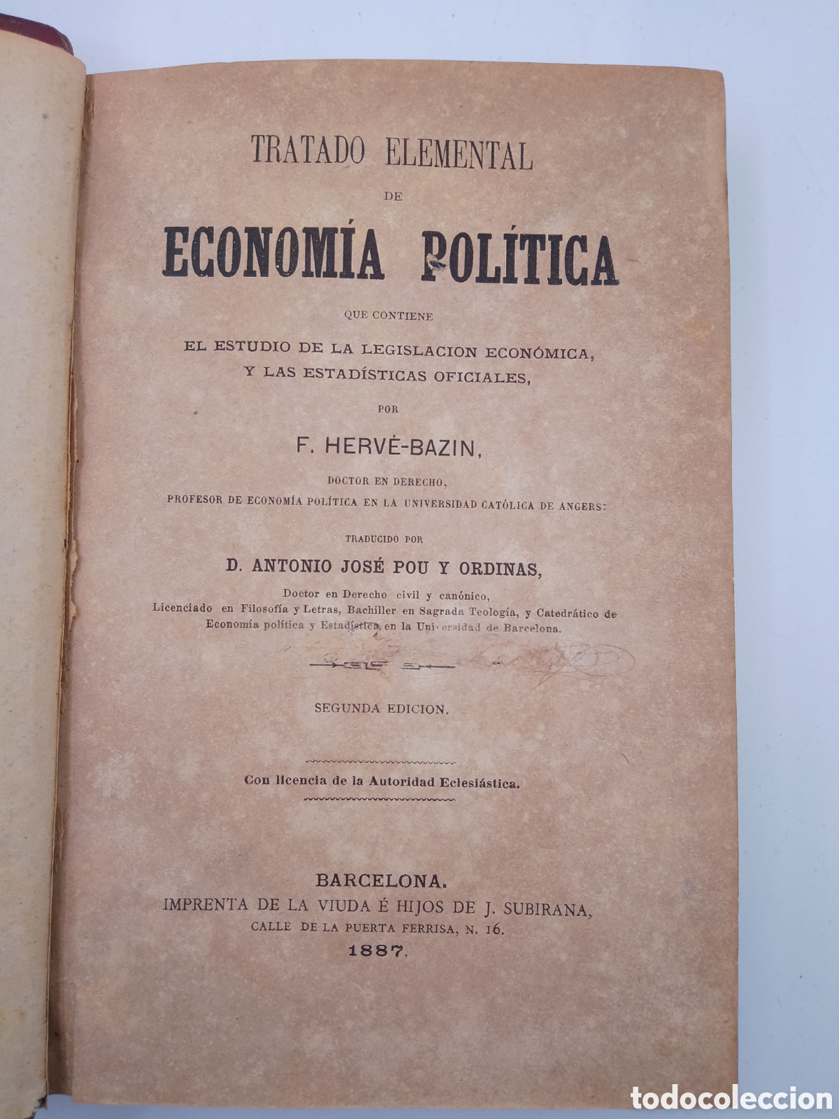 Libri antichi: Libro Antiguo 1887: Tratado Elemental de Econom&iacute;a Pol&iacute;tica - F. Herv&eacute;-Bazin (Piel)