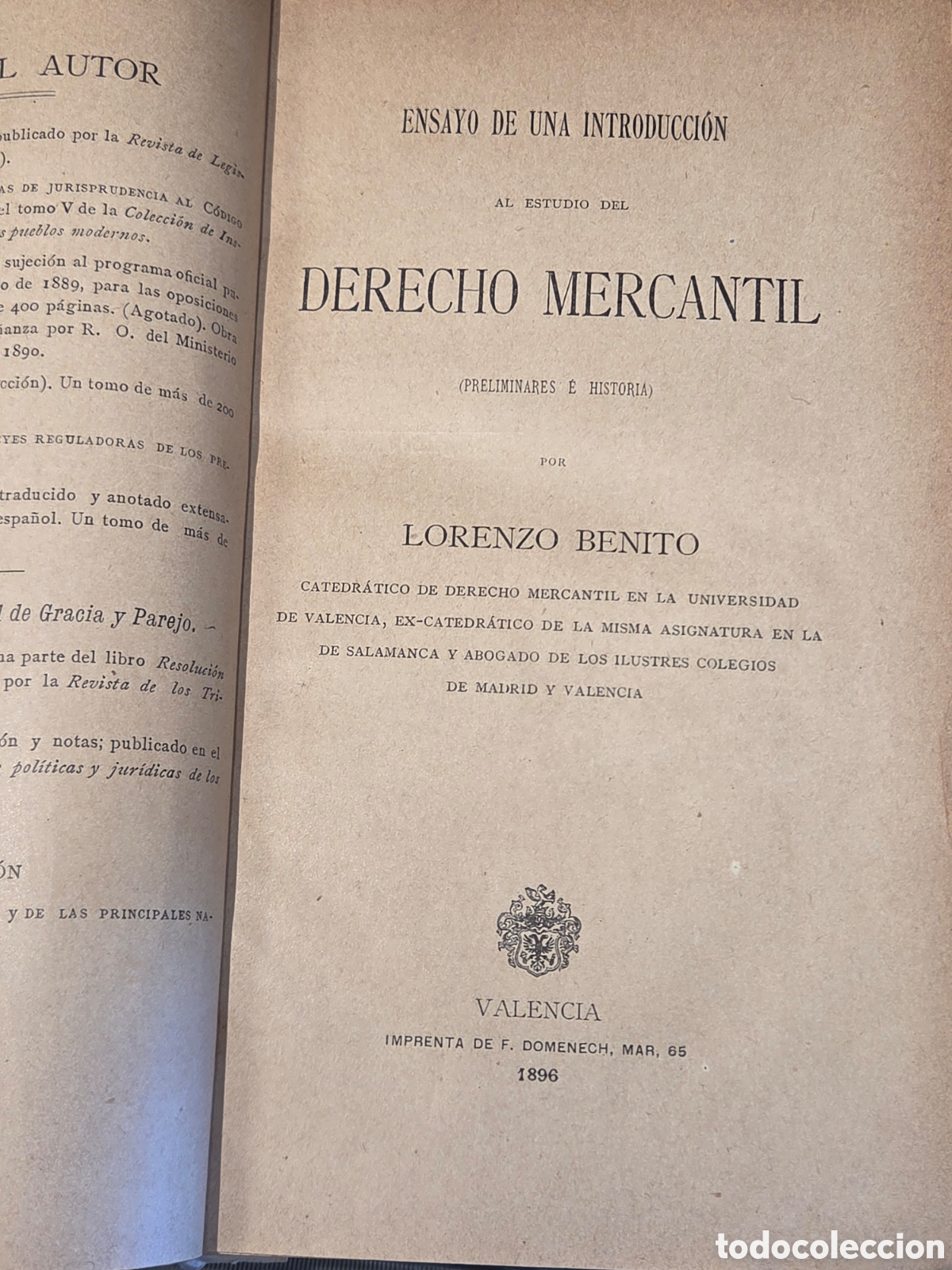 Libros antiguos: DERECHO MERCANTIL 1896 Ensayo de una Introducci&oacute;n
