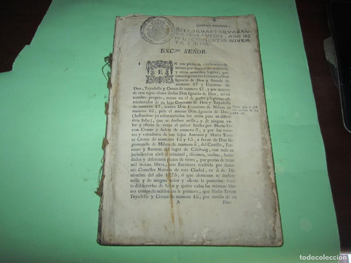 Libros antiguos: PLEITO MEMORIAL--- DOU / MILANS POR CASTILLO Y BARONIA DE CALABUIG - 1798 BARCELONA