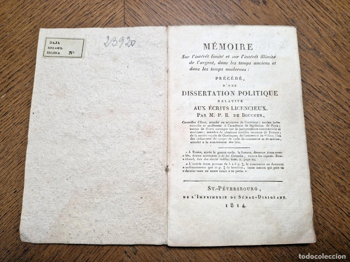 Libros antiguos: Boucher - M&eacute;moire sur l'int&eacute;r&ecirc;t de l'argent - 1814 - San Petersburgo Econom&iacute;a