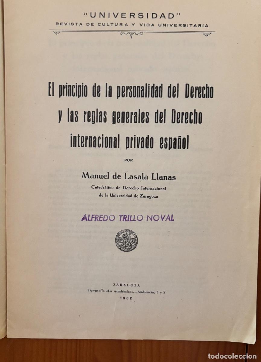 Libros antiguos: ZARAGOZA- MANUEL DE LASALA LLANAS- EL PRINCIPIO DE PERSONALIDAD DERECHO - 1932