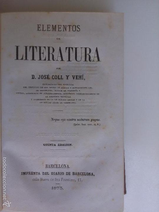 Libros antiguos: Elementos de literatura. Jose Coll y Veh&iacute;. - Foto 1