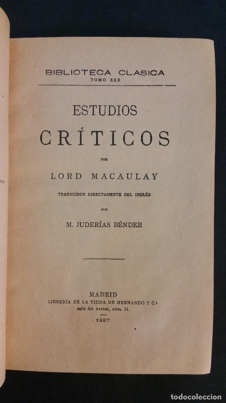 Libros antiguos: 1897 - LORD MACAULAY - ESTUDIOS CRITICOS - Foto 2