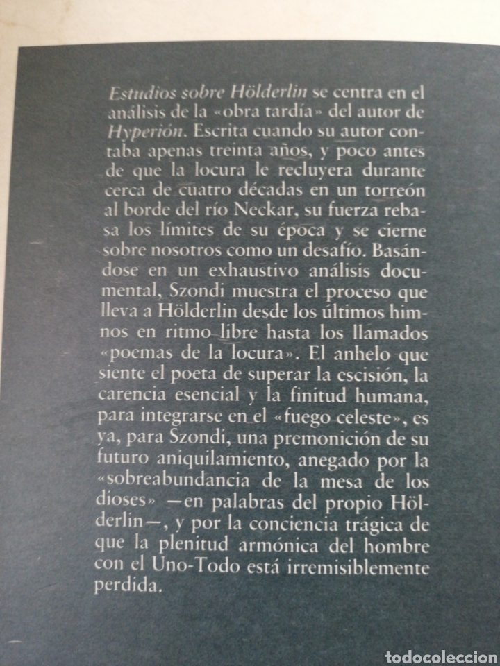 Libros antiguos: Estudios Sobre Hölderlin Peter Szondi Ediciones Destino 1992 Barcelona In 4º m m Rustica camisa ilus - Foto 2 - 196456768