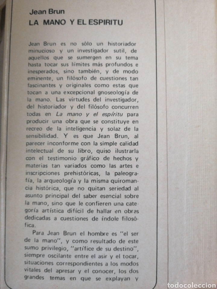 Libros antiguos: La Mano Y El Espiritu Jean Brun Breviarios Nº 253, Fondo de Cultura Economica, 1970.In 8º cartone e - Foto 2 - 196478388