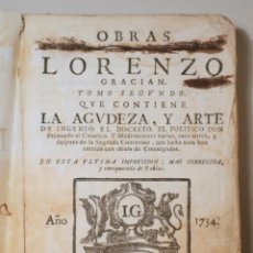 Libros antiguos: GRACIÁN, LORENZO - OBRAS DE LORENZO GRACIÁN. TOMO SEGUNDO - BARCELONA 1734. Lote 342221598