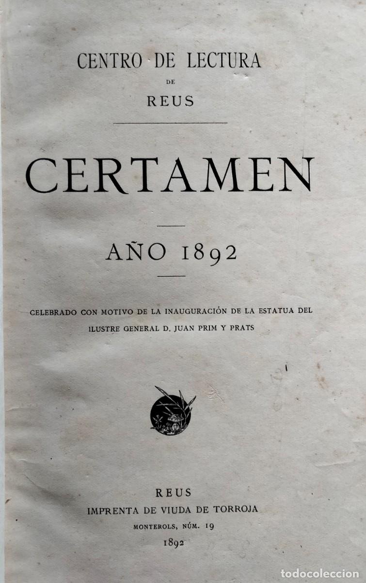 Libros antiguos: Certamen 1892. Centro de Lectura de Reus. General Prim. - Foto 1