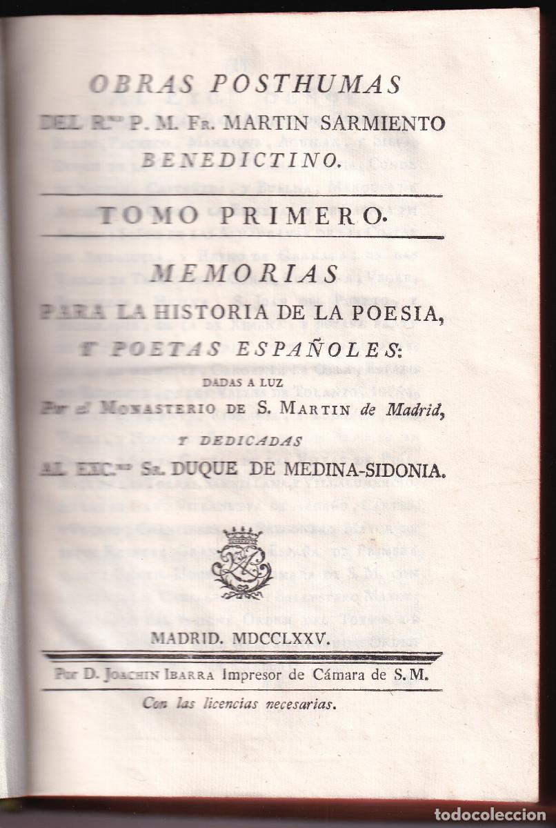 Libros antiguos: MART&Iacute;N SARMIENTO: MEMORIAS PARA LA HISTORIA DE LA POES&Iacute;A Y POETAS ESPA&Ntilde;OLES. MADRID, IBARRA, 1775
