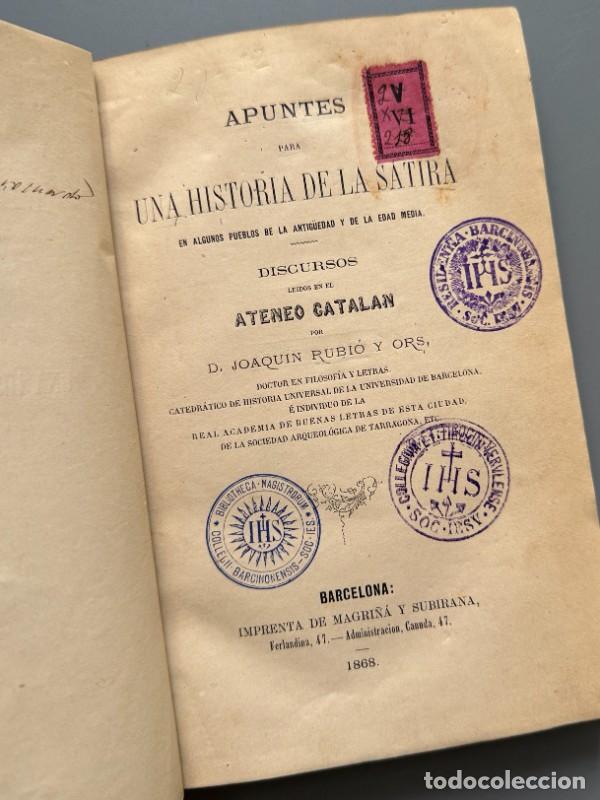 Libros antiguos: Apuntes para una historia de la s&aacute;tira, Joaquin Rubio y Ors - Imprenta de Magri&ntilde;a y Subirana, 1868