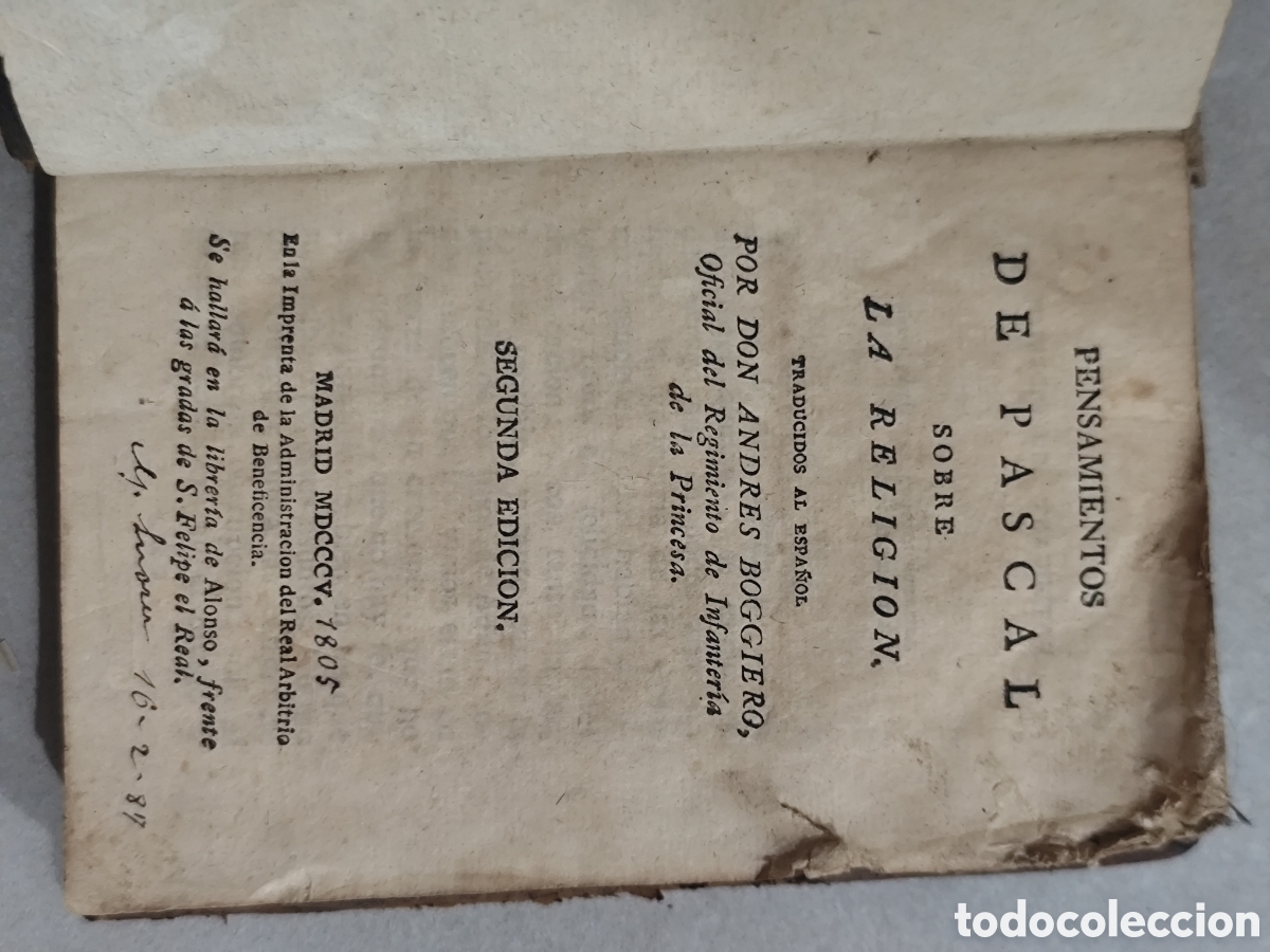 Libros antiguos: TESORO BIBLIOGR&Aacute;FICO 1805: &rdquo;Pensamientos de Pascal sobre la Religi&oacute;n&rdquo; (2&ordf; Edici&oacute;n)