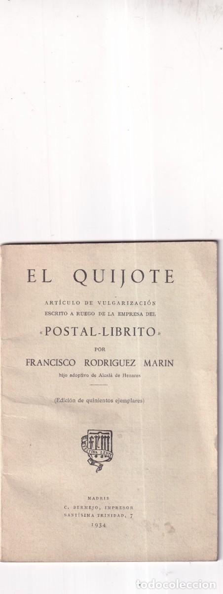 Libros antiguos: El Quijote. Articulo de vulgarizaci&oacute;n escrito a ruego de la empresa del Postal-Librito - RODRIGUEZ M