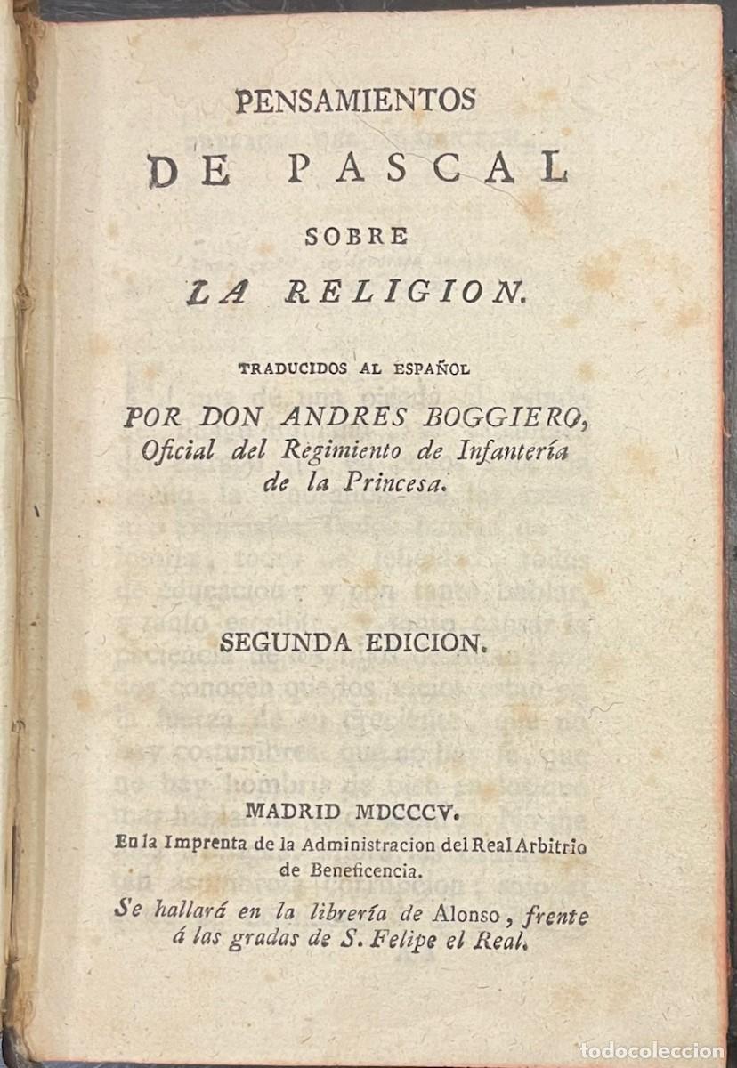 Libros antiguos: Pascal . Pensamientos de Pascal sobre La Religi&oacute;n - Foto 2