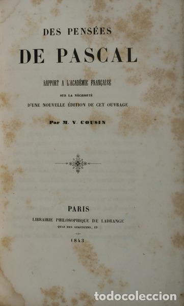 Libros antiguos: COUSIN. (M.V.) - DES PENS&Eacute;ES DE PASCAL. - Foto 1