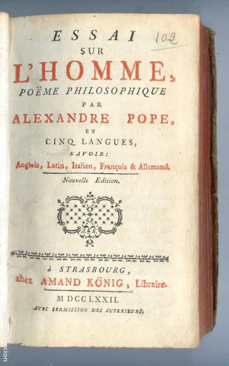 Libros antiguos: Essai sur L&acute;homme, Po&euml;me Philosophique, en cinco idiomas, Alexandre Pope, 1772