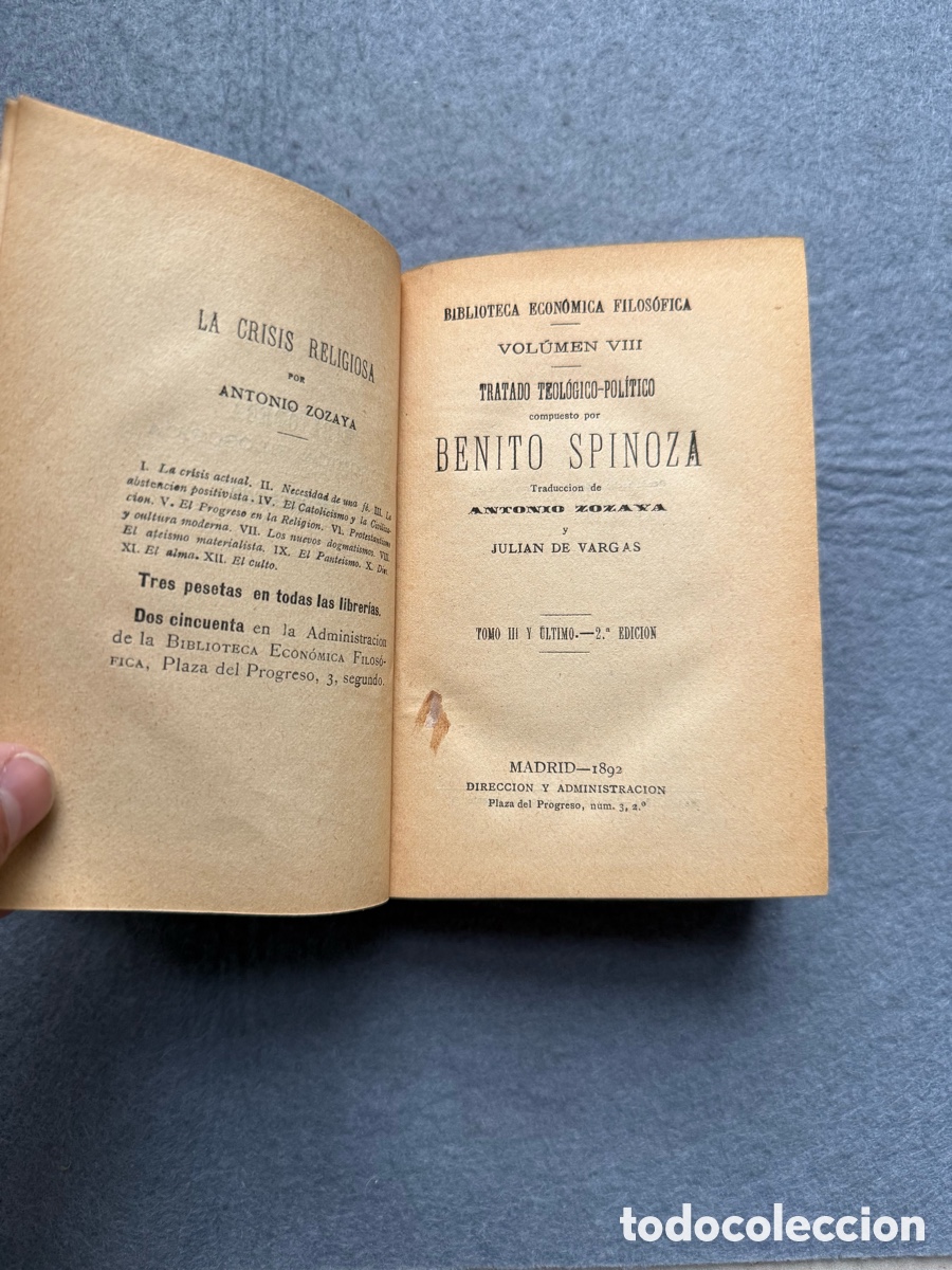 Libros antiguos: a&ntilde;o 1892 - FILOSOFIA - TRATADO TEOLOGICO BENITO BARUCH SPINOZA - TOMO III - ANTONIO ZOZAYA