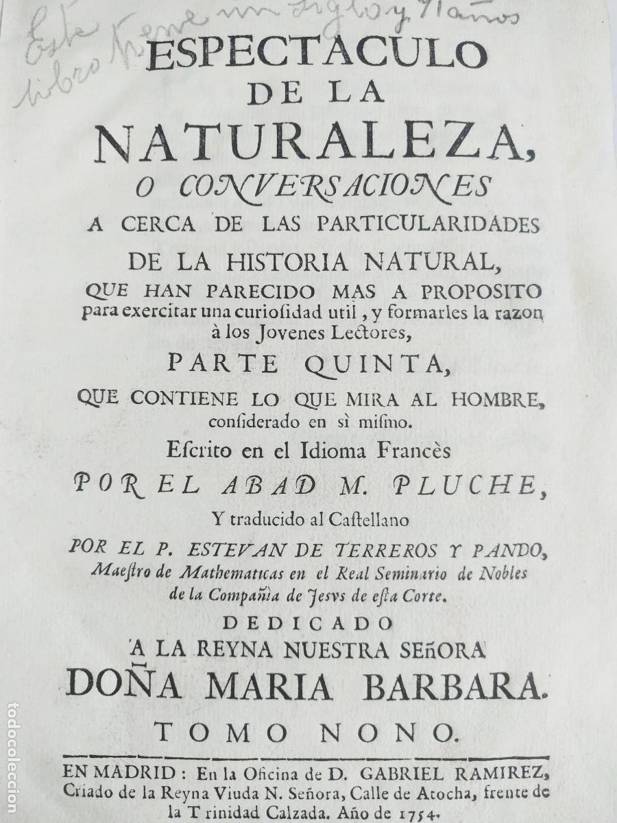 Libros antiguos: Abad M Puche E Terreros Pardo Espect&aacute;culo Naturaleza Madrid 1754