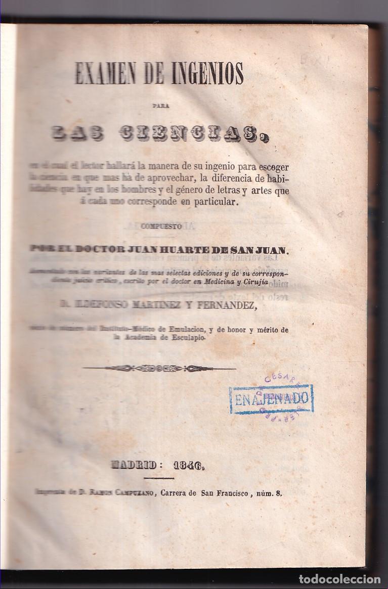 Libros antiguos: HUARTE DE SAN JUAN: EXAMEN DE INGENIOS PARA LAS CIENCIAS. 1846. ILDEFONSO MART&Iacute;NEZ. BENIA DE ON&Iacute;S