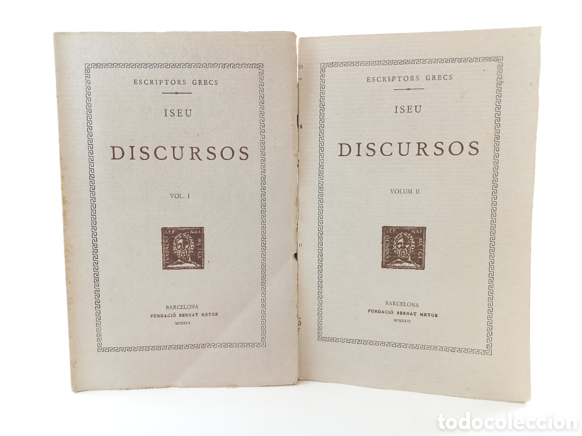 Libros antiguos: Discursos Iseu. Fundaci&oacute; Bernat Metge, 1930-31. Intonsos. Catal&aacute;n Bilingue. Filosof&iacute;a.