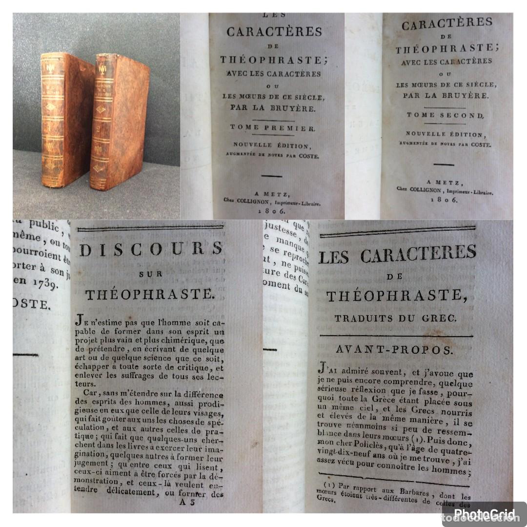 Libros antiguos: Les Caract&egrave;res de Th&eacute;ophraste, traduits du grec... 2 volumes ( obra completa ). Ano 1806. Raro
