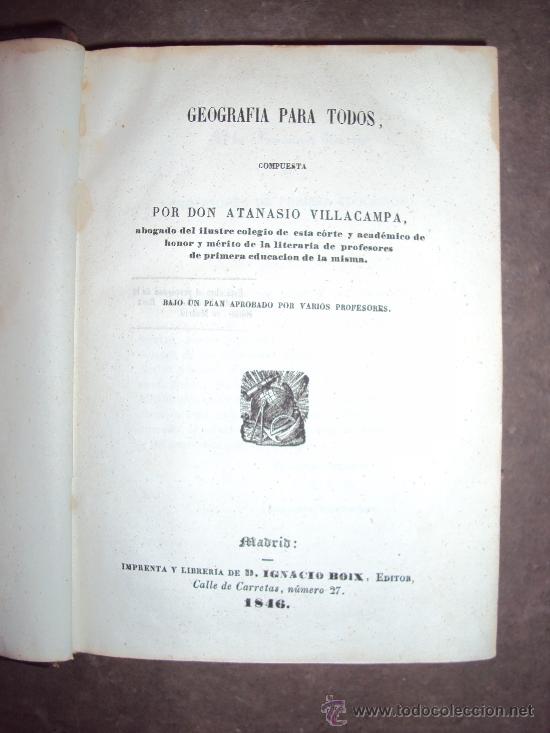 Libri antichi: Geograf&iacute;a para todos. 1846. Atanasio Villacampa.