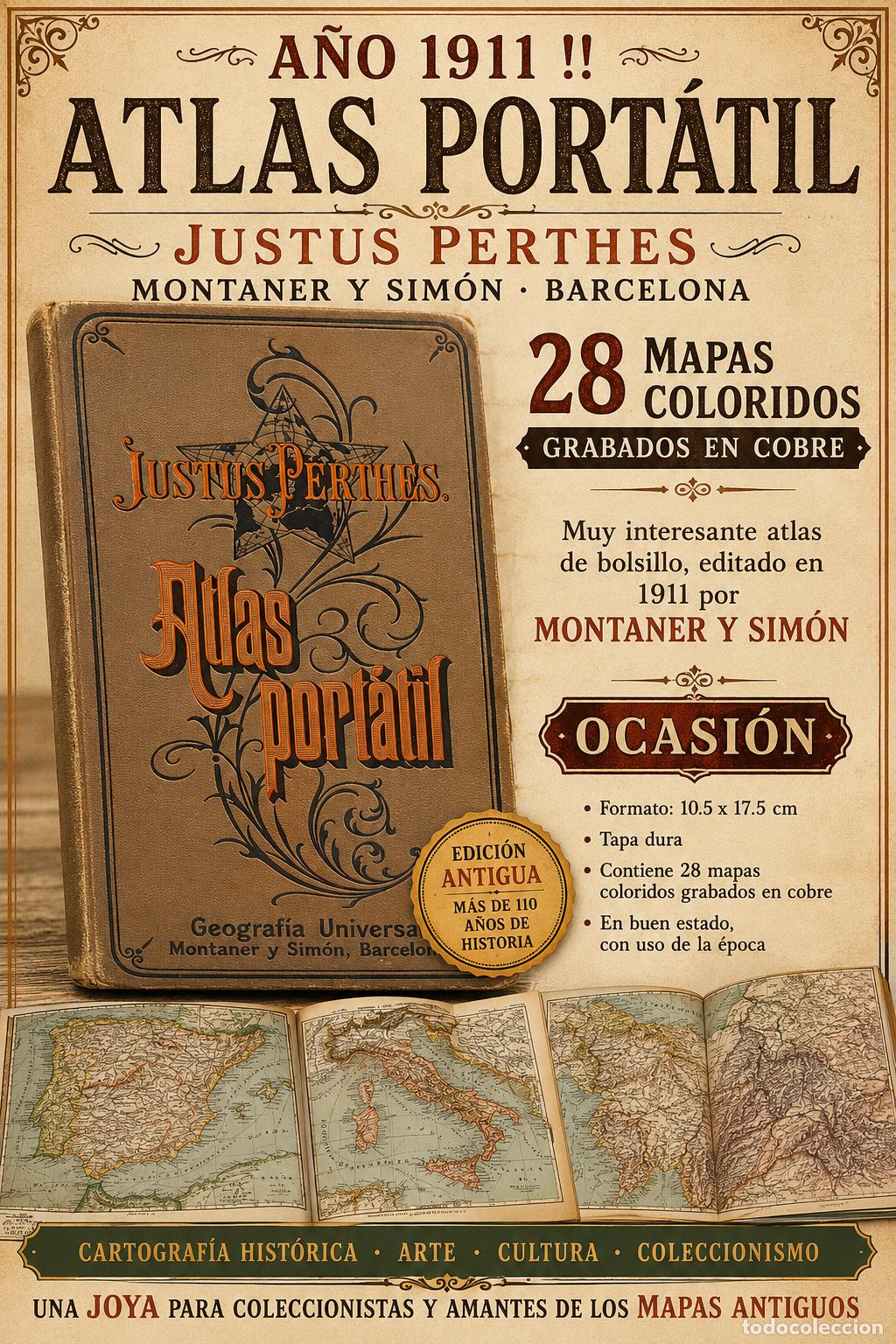 Libros antiguos: A&Ntilde;O 1911 !! ATLAS PORT&Aacute;TIL JUSTUS PERTHES / 28 MAPAS COLORIDOS GRABADOS EN COBRE / OCASI&Oacute;N