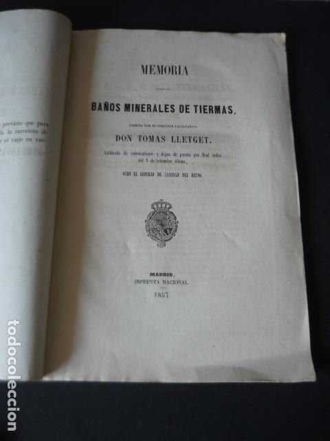 Libros antiguos: MEMORIA SOBRE LOS BA&Ntilde;OS MINERALES DE TIERMAS TOMAS LLETGET MADRID 1857 AGUAS TERMALES BALNEARIO