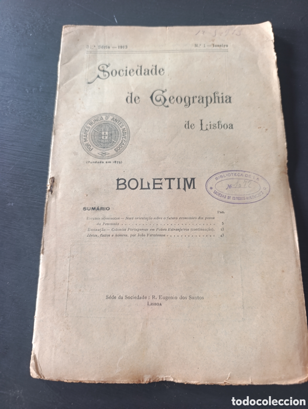 Libros antiguos: Sociedade Geographia de Lisboa. Bolet&iacute;n N*1. Lisboa 1913