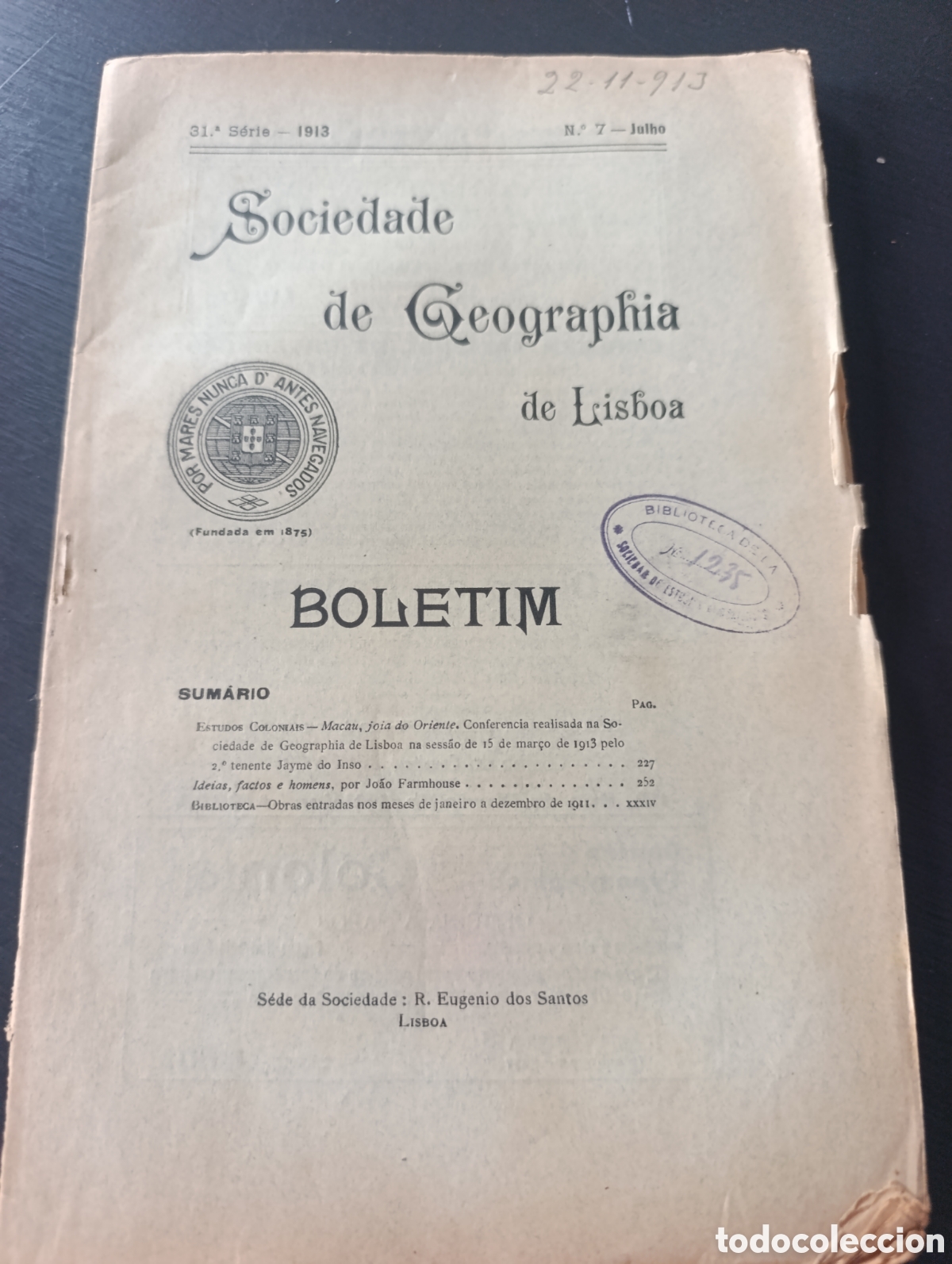 Libros antiguos: Sociedade Geographia de Lisboa. Bolet&iacute;n N*7. Lisboa 1913