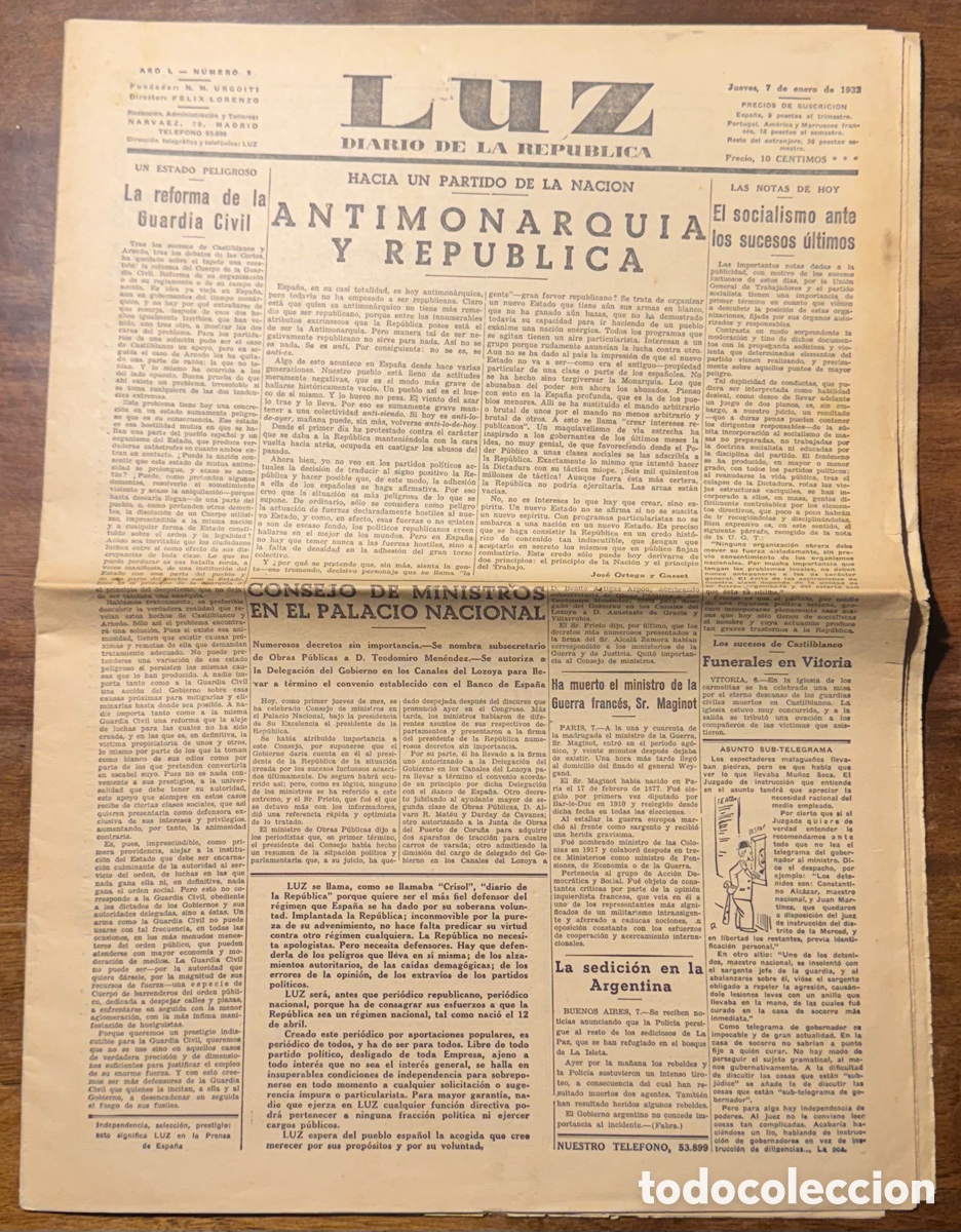 Libros antiguos: Luz. Diario de la Rep&uacute;blica. N. 1 (7 enero de 1932). Vi&ntilde;eta de Bagar&iacute;a