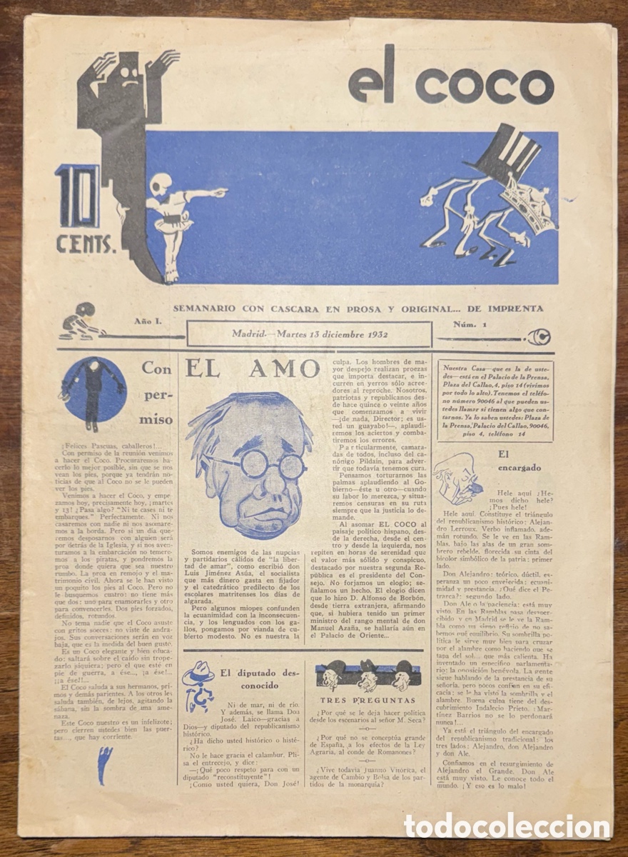 Libros antiguos: El Coco. Semanario con C&aacute;scara en Prosa y Original... de Imprenta. N. 1 (Madrid 13 diciembre 1932)