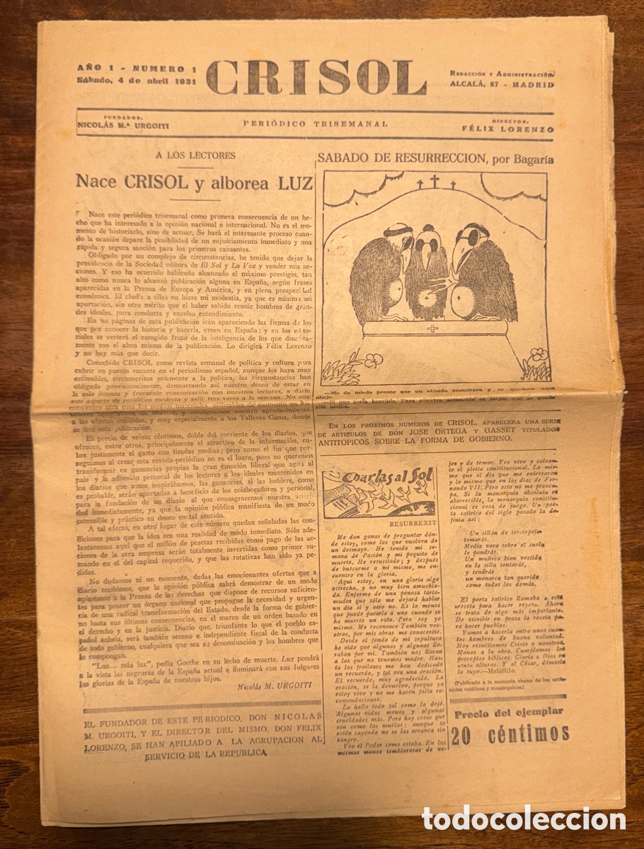 Libros antiguos: Crisol. Peri&oacute;dico Trisemanal. N. 1 (4 de abril de 1931). II Rep&uacute;blica.