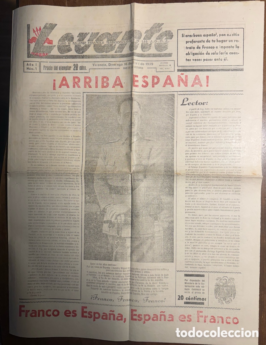 Libros antiguos: Levante. Diario de Falange Espa&ntilde;ola Tradicional y de las J.O.N.S. Valencia. 16 abril 1939 N 1