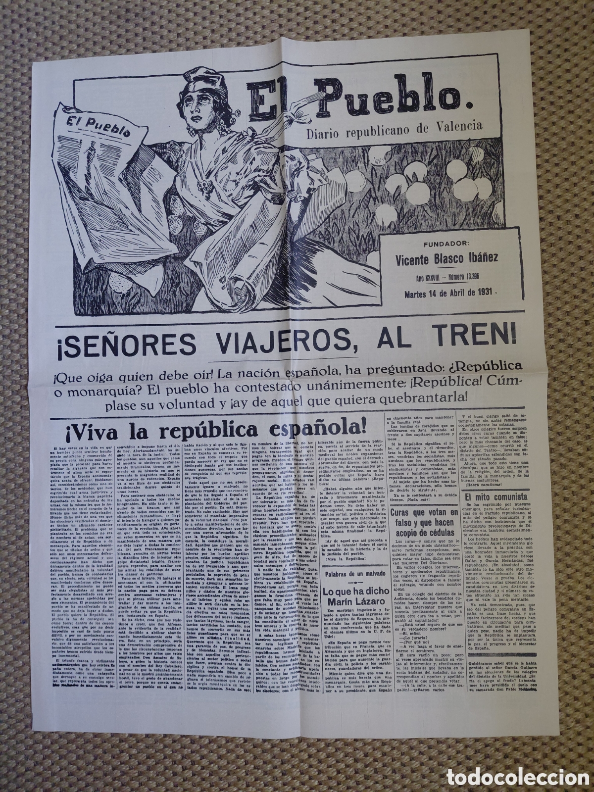 Libros antiguos: (Facsimil) 1931 Martes 14 de Abril EL Pueblo. Diario republicano de Valencia FUNDADOR: Vicente Bl