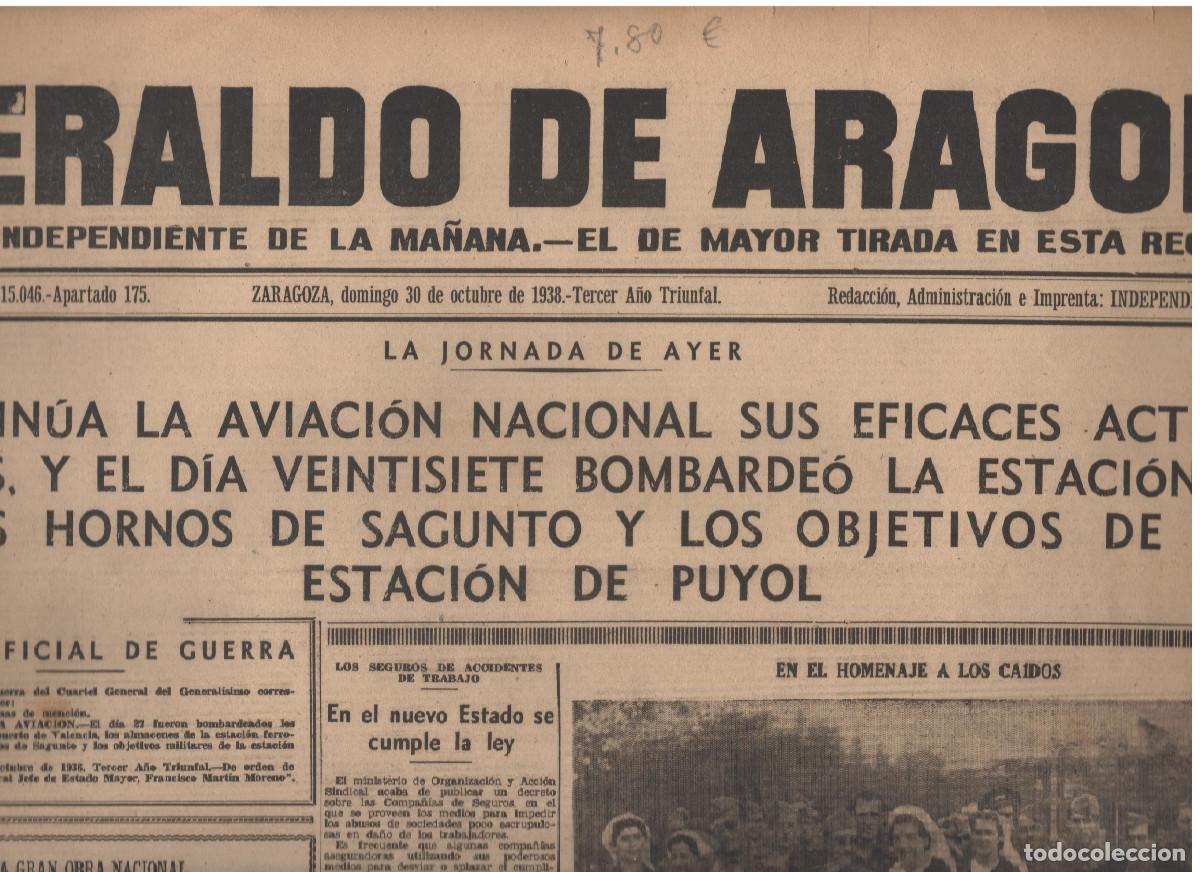 Libros antiguos: HERALDO DE ARAGON 30 de Octubre 1938 8 pag.Hojas limpias