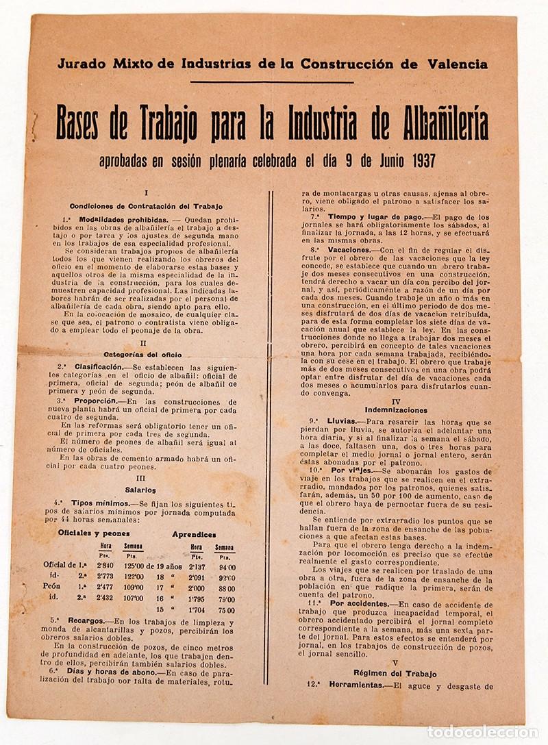 Libros antiguos: BASES DE TRABAJO PARA LA INDUSTRIA DE ALBA&Ntilde;ILER&Iacute;A - VALENCIA 1937 - GUERRA CIVIL