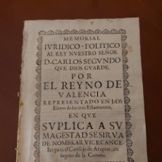 Libros antiguos: MEMORIAL JURIDICO-POLÍTICO AL REY D. CARLOS SEGUNDO.POR EL REYNO DE VALENCIA,1645, ORIGINAL.,
