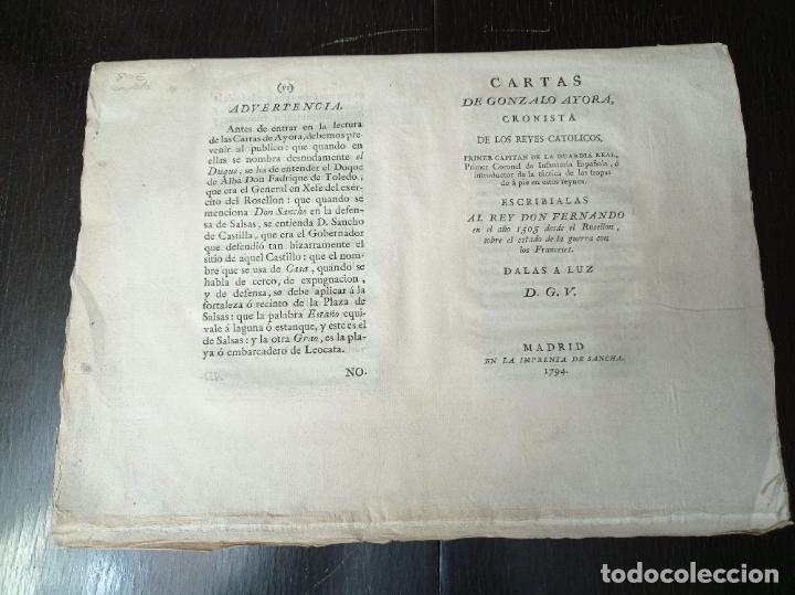 Libri antichi: 1794 - Cartas de Gonzalo Ayora al rey Don Fernando - Ejemplar en rama