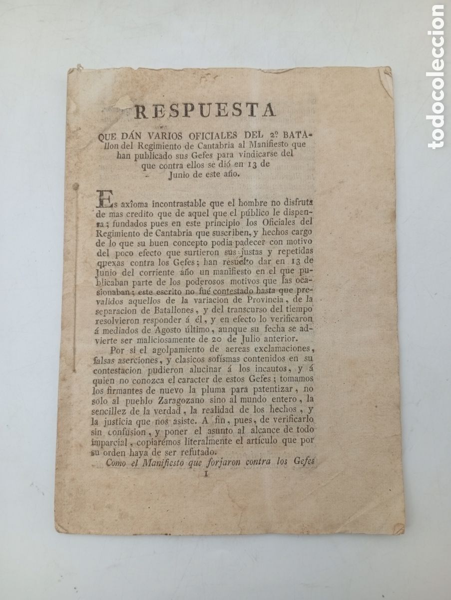 Libros antiguos: Respuesta oficiales sbatallon Cantabria 1921 Zaragoza Tarragona