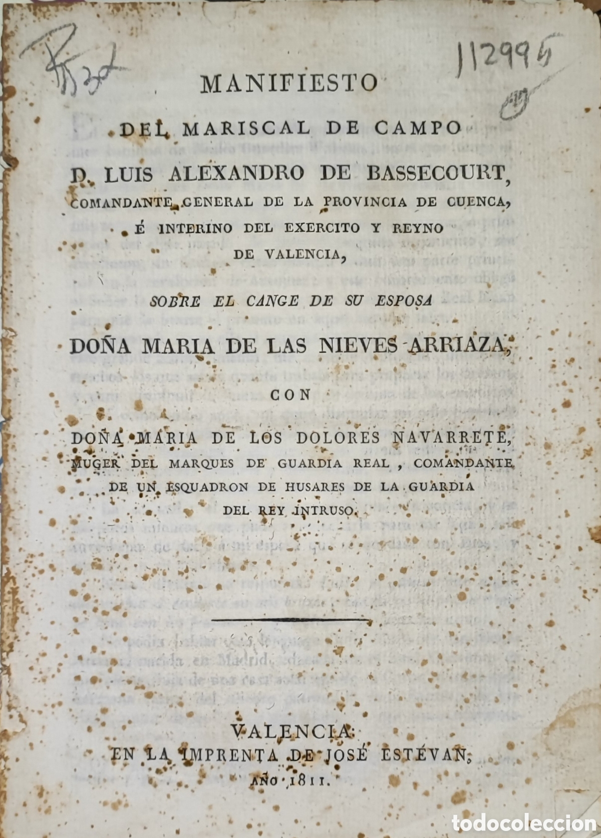 Libros antiguos: Manifiesto mariscal de campo luis Alejandro de bassecourt sobre canje de su esposa. Valencia 1811
