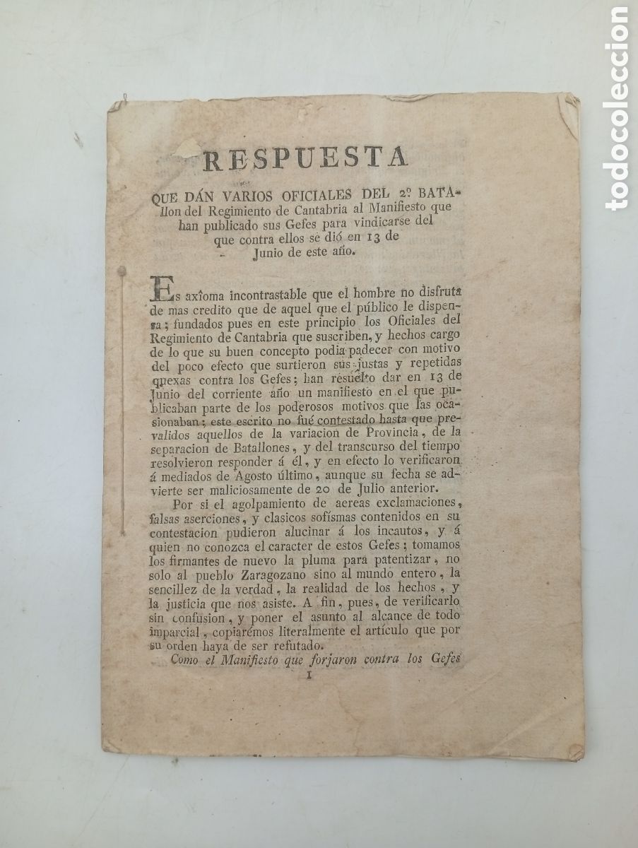 Libros antiguos: Respuesta oficiales batallon Cantabria 1821 Zaragoza Tarragona