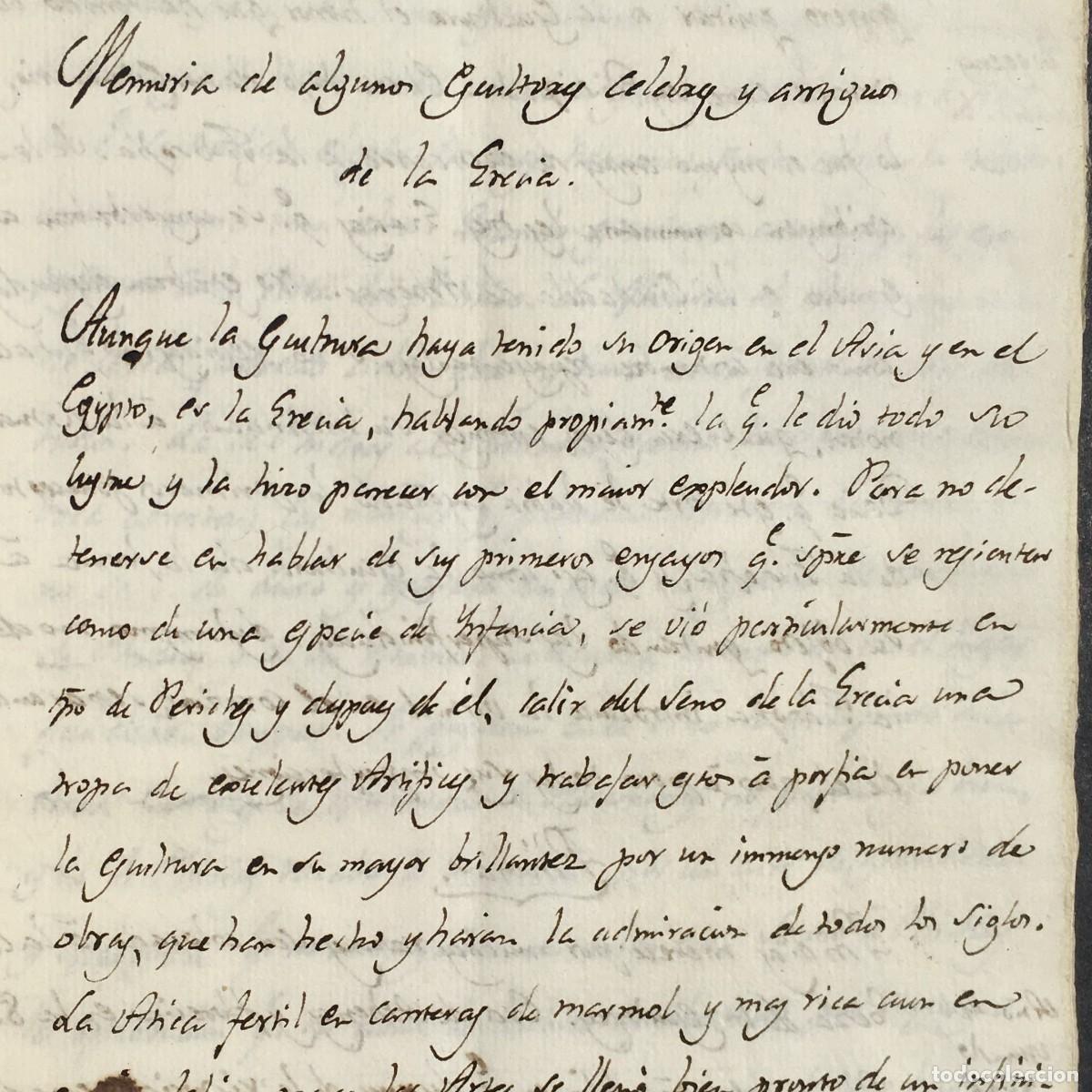 Libros antiguos: Siglo XVIII - Manuscrito - Memoria de algunos Gentilhombres celebres y antiguos de Grecia Escultura