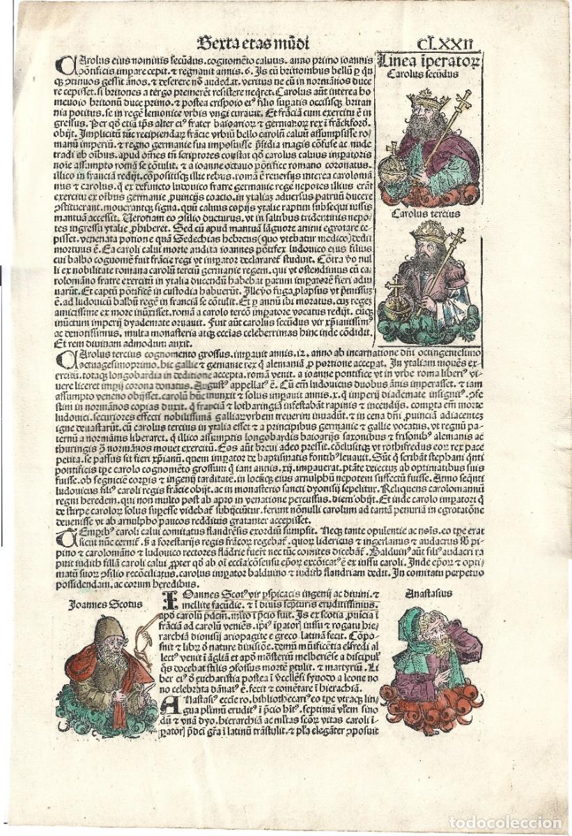 Libros antiguos: LIBER CHRONICARUM 1493 (Versi&oacute;n latina) pag CLXXI iluminada papado y los Carolingios LEER